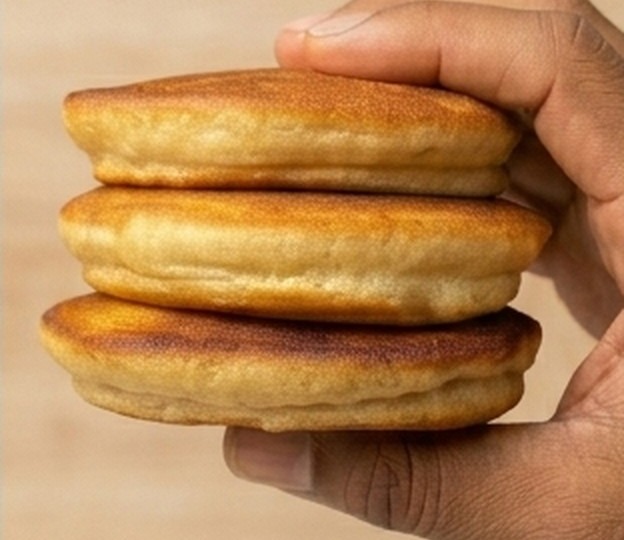 Three soufflé pancakes held in one hand