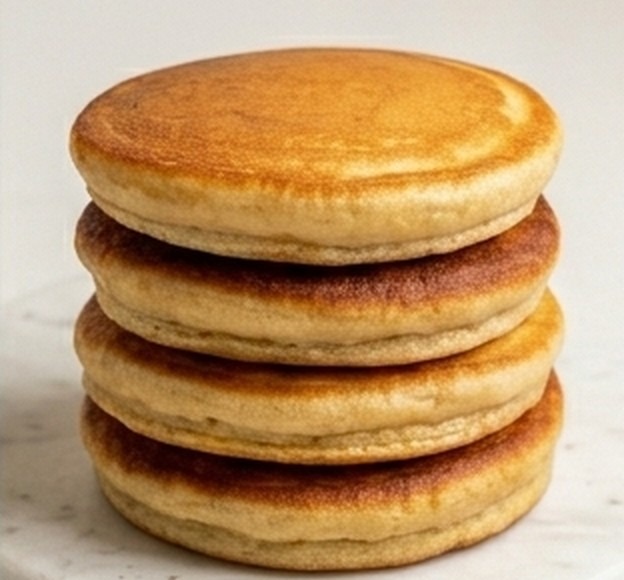 A stack of four soufflé pancakes on marble